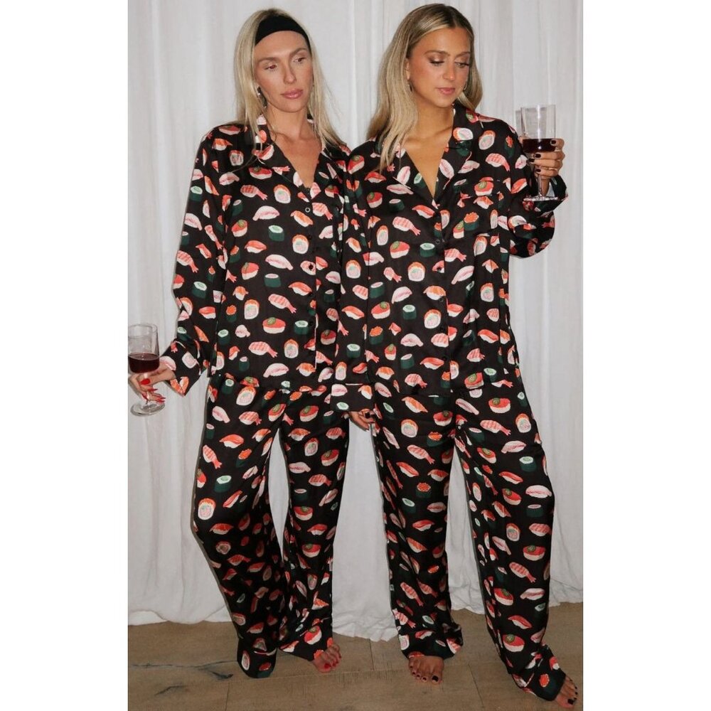 Show Me Your Mumu Sushi Classic PJ Set Pajamas Black Satin Shirt Pants XS